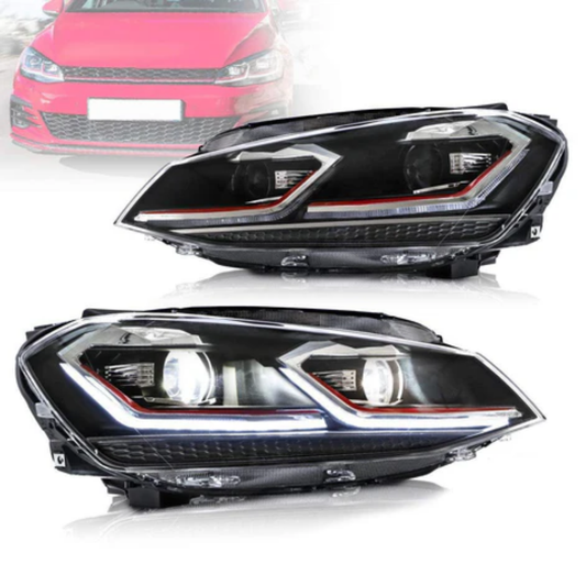 VLAND LED Projector Headlights for Volkswagen Golf Mk7 2013–2016 Silver & Red Stripe
