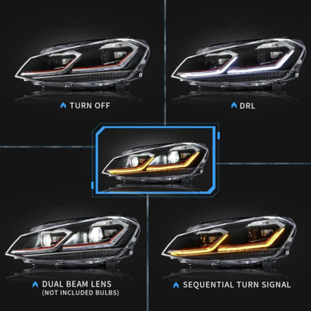 VLAND LED Projector Headlights for Volkswagen Golf Mk7 2013–2016 Silver & Red Stripe