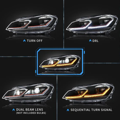 VLAND LED Projector Headlights for Volkswagen Golf Mk7 2013–2016 Silver & Red Stripe