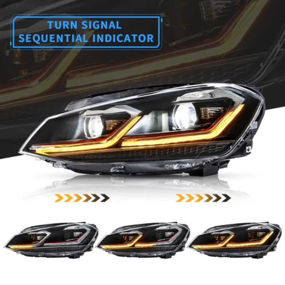 VLAND LED Projector Headlights for Volkswagen Golf Mk7 2013–2016 Silver & Red Stripe