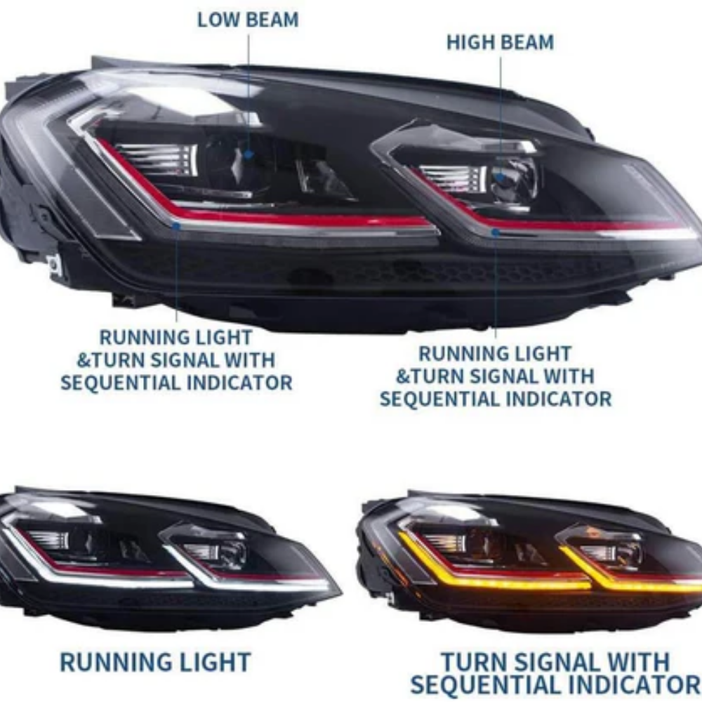 VLAND LED Projector Headlights for Volkswagen Golf Mk7 2013–2016 Silver & Red Stripe