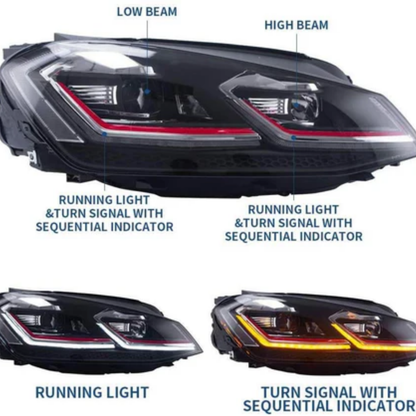 VLAND LED Projector Headlights for Volkswagen Golf Mk7 2013–2016 Silver & Red Stripe