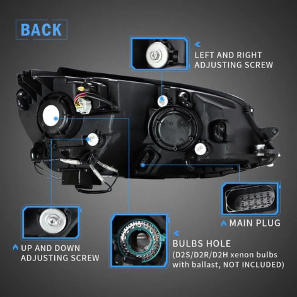 VLAND LED Projector Headlights for Volkswagen Golf Mk7 2013–2016 Silver & Red Stripe
