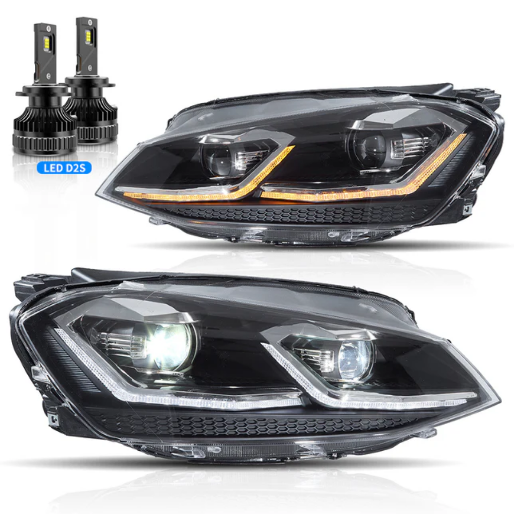 VLAND LED Projector Headlights for Volkswagen Golf Mk7 2013–2016 Silver & Red Stripe