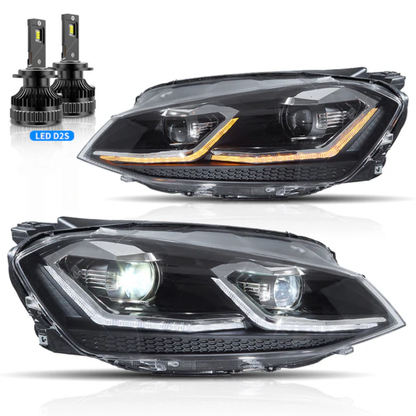 VLAND LED Projector Headlights for Volkswagen Golf Mk7 2013–2016 Silver & Red Stripe