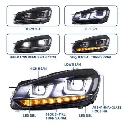 VLAND LED Headlights for Volkswagen Golf Mk6 2008–2012 with Sequential Indicators