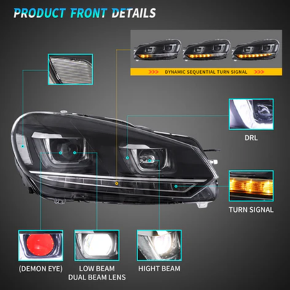 VLAND LED Projector Demon Eye Headlights for Volkswagen Golf Mk6 2008–2012